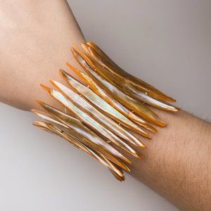 Dyed Burnt Orange Mother of Pearl Plank Shell Beads Shards Wide Stretch Bracelet